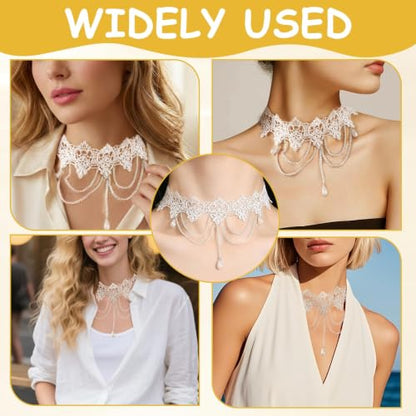 White Lace Choker Necklace for Women Tassel Pearl Choker Necklaces Boho Collar Statement Artistic Chain with Pearl Cosplay Costume Party Jewelry