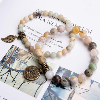 Bivei Natural Semi Precious Gemstone beads bracelet for women - Life Tree and Leaf Charm Energy Reiki Crystal Stretch Bracelets - color: Amazonite Bracelet Set, size: Large:7.87-8.26inch