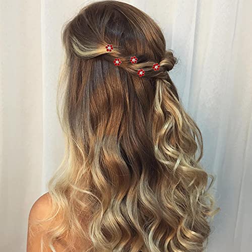 QIUTIMIY 20 Pack (Red) Crystal Flower Hair Pins Rhinestone Hair Clips for Bridal Wedding Women Hair Jewelry Accessories, with Clear Container - color: Crystal Flower-Red