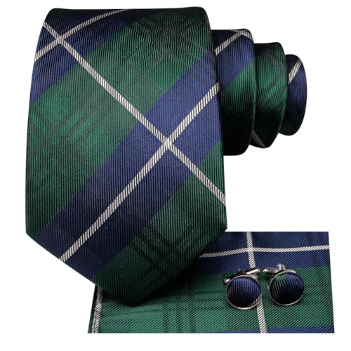 Hi-Tie Men 63inches Tie Set Extra Long Necktie Paisley Tie Pocket Suqare Cufflinks Big and Tall Men Tie - color: Blue Green Plaid