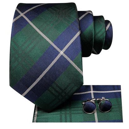 Hi-Tie Men 63inches Tie Set Extra Long Necktie Paisley Tie Pocket Suqare Cufflinks Big and Tall Men Tie - color: Blue Green Plaid