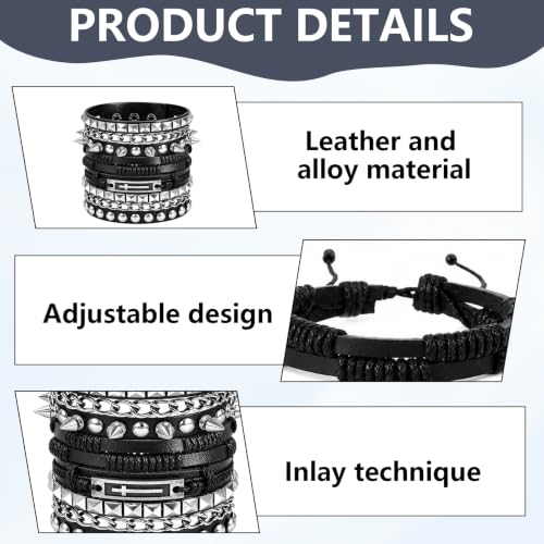 4 Pcs Edgy Punk Bracelets Set, Leather Vintage Punk Rock Spiked Studded Bangle Cuff Bracelets Alternative Wrist Bands for Women Men Biker Rockers Fashion Accessories