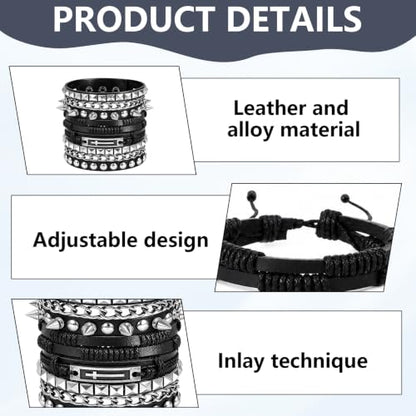 4 Pcs Edgy Punk Bracelets Set, Leather Vintage Punk Rock Spiked Studded Bangle Cuff Bracelets Alternative Wrist Bands for Women Men Biker Rockers Fashion Accessories