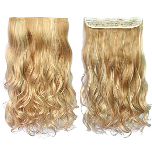 REECHO 20" 1-Pack 3/4 Full Head Curly Wave Blonde Mixed Hair Color Clips in on Synthetic Hair Extensions HE008 Hairpieces for Women 5 Clips 4.5 Oz per Piece - Medium Blonde with Highlights - color: Medium Blonde with Highlights, size: 20 Inch (Pack of 1)