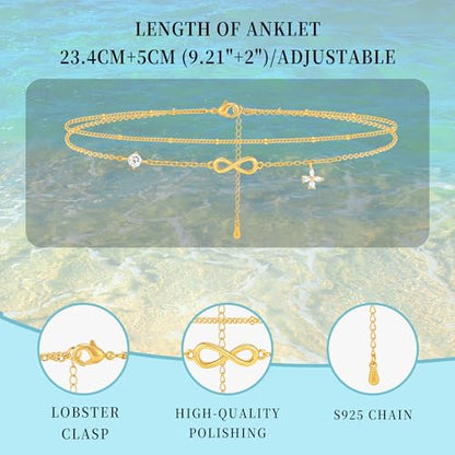 Sterling Silver Ankle Bracelets for Women Gold Waterproof Non Tarnish Beaded Chain Layered Stacking Dainty Butterfly Plus Size Large Anklet Summer Beach Vacation Jewelry Gift - color: gold1