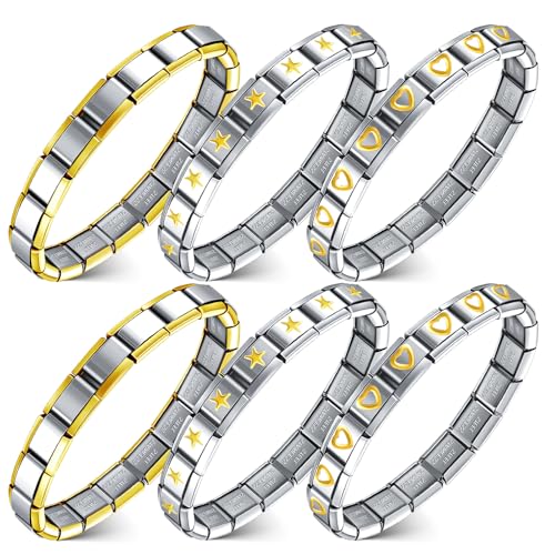 Huquary 6 Pcs Italian Charm Bracelets Shiny 9mm Starter 18 Links Stainless Steel Italian Bracelet Modular Links - color: Gold and Silver