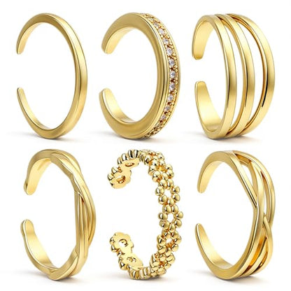 JJUNW 6PCS Toe Rings for Women, Adjustable Band Ring Beach Foot Jewelry Set | Summer Non Tarnish Toe-Rings Open Flower CZ Toe Ring Set Beach Foot Jewelry