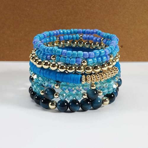 7/12Pcs Set Bohemian Stackable Crystal Seed Beaded Elastic Stretch Bracelet Multilayerd Handmade Brass Bead for Women Jewelry Surfer Heishi Polymer Clay Layering - color: blue