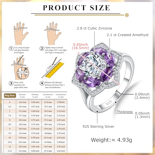 Flower Cocktail Ring for Women Stone Engagement Anniversary Rings | Sterling Silve|Hypoallergenic|Ruby|Sapphire|Emerald|Wedding and Birthday Party Women Statement Ring|Mother and Grandma Gift - color: Amethyst (Feb.)
