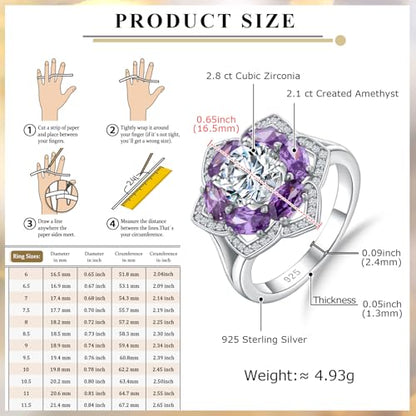 Flower Cocktail Ring for Women Stone Engagement Anniversary Rings | Sterling Silve|Hypoallergenic|Ruby|Sapphire|Emerald|Wedding and Birthday Party Women Statement Ring|Mother and Grandma Gift - color: Amethyst (Feb.)
