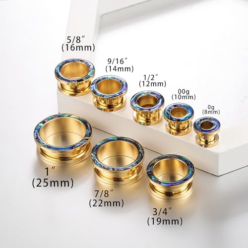 2 Pairs Abalone Pearl Shell Stainless Steel Ear Gauges Plugs and Tunnels, Size 2g - 1 inch Hypoallergenic Surgical Steel Ear Stretcher Expander Body Jewelry - color: BO1651 Gold, size: 12 mm (1/2 inch)