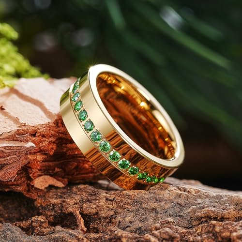King Will Mens Tungsten Wedding Band with Cubic Zircon Inlay 7mm/8mm Flat Cut Comfort Fit Engagement Rings - color: Gold&Green-8mm