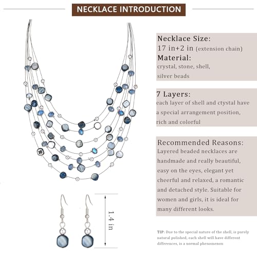 Multi-Layer Boho Shell Beaded Necklace for Women Colorful Crystal Strand with Silver Beads Statement Collars Necklace and Earrings Costumes Jewelry Sets for Women - color: Blue
