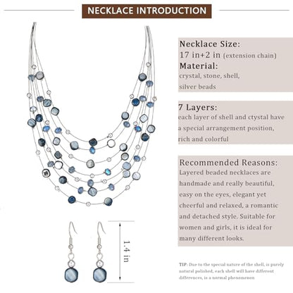 Multi-Layer Boho Shell Beaded Necklace for Women Colorful Crystal Strand with Silver Beads Statement Collars Necklace and Earrings Costumes Jewelry Sets for Women - color: Blue