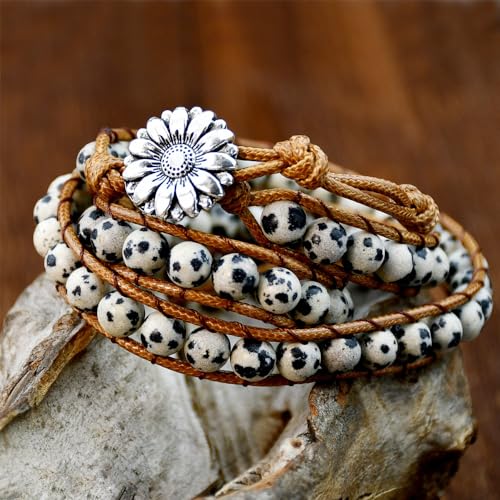 Boho Wrap Bead Bracelet for Women - Handmade Adjustable Natural Stone Beaded Bracelets Yoga Healing Bracelet Bangle Hippie Jewelry - color: almation Jasper