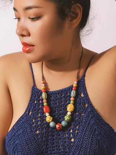MINACHI Hippie Boho Colorful Ceramic Round Beads Strand Necklace, Bohemian Fashion Statement Jewelry Gift for Women - color: S07