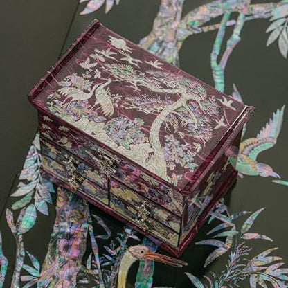 February Mountain Mother of Pearl Jewelry Box – Elegant Korean Jewelry Organizer with Velvet Lining, Unique Christmas Gift for Women, Mom, and Grandma, Decorative Keepsake Box for Rings and Treasures - style: Crane and Pine Tree - Purple
