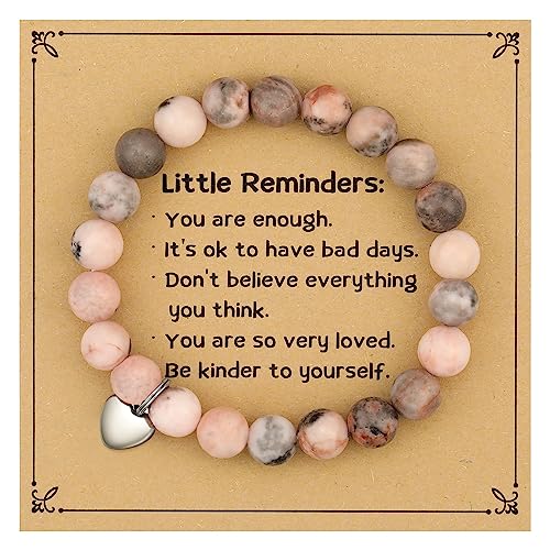 MIXJOY Inspirational Gifts for Women, Heart Charm Pink Elastic Beads Bracelet, Positive Affirmations Get Well Soon Gifts - style: steel heart little reminders pink