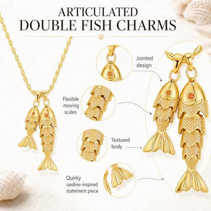 YUJIE Dainty Fish Pendant Necklace for Women 14k Gold Plated Ocean Fish Charm Necklace Summer - color: double fish