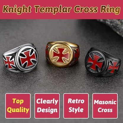 FaithHeart Mens Stainless Steel Crusader Jerusalem Cross Ring with 18K Gold Plated Two Tone Ring Size 7,8,9,10,11,12 - color: 01. Cross-Silver
