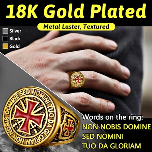 FaithHeart Mens Stainless Steel Crusader Jerusalem Cross Ring with 18K Gold Plated Two Tone Ring Size 7,8,9,10,11,12 - color: 06. Crusader Cross-Gold(Custom)