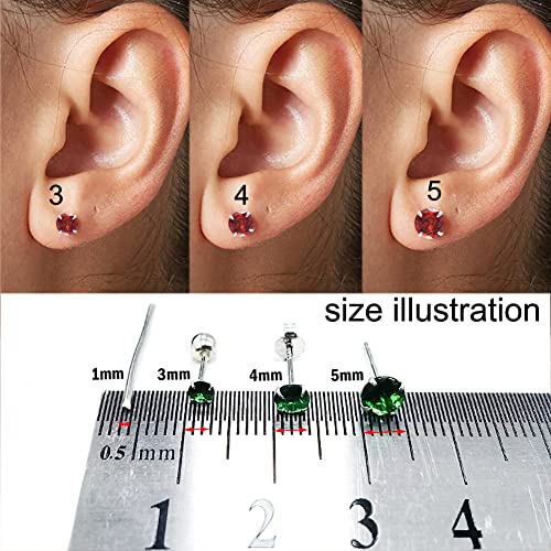 3 Pairs Color Zirconia Earrings Studs, Sterling Silver Studs Earrings Set 3MM 4MM 5MM - color: Red