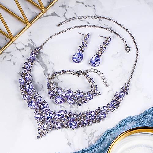 Wedding Bridal Jewelry Set for Women Bride Bridesmaids | Gorgeous Austrian Crystal Teardrop Cluster Statement Necklace Dangle Earrings Link Bracelet Set Prom Jewellery - color: 17-Light Purple Silver-Tone