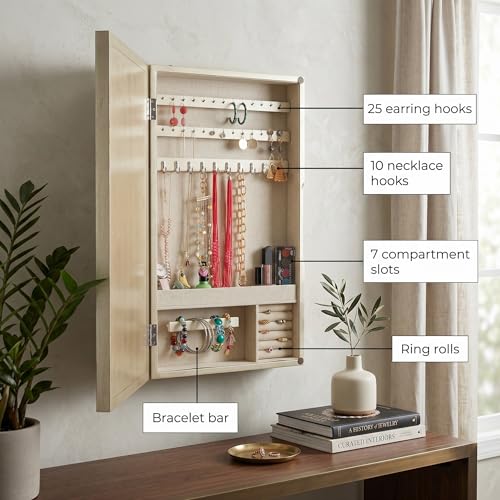 Hives & Honey Jamie Wall Mounted Jewelry Mirror Cabinet, Champagne – Hidden Jewelry Organizer with Earring Hooks, Necklace Hooks, Ring Rolls & Anti-Tarnish Lining - color: Champagne