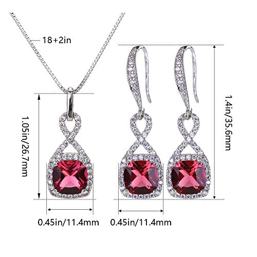 AMYJANE Crystal Jewelry Set for Women - Sterling Silver Square Cubic Zirconia CZ Bridal Pendant Necklace Earrings Set for Wedding Bride Bridesmaids Birthstone Fashion Jewelry Set - color: Ruby