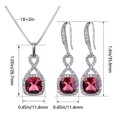 AMYJANE Crystal Jewelry Set for Women - Sterling Silver Square Cubic Zirconia CZ Bridal Pendant Necklace Earrings Set for Wedding Bride Bridesmaids Birthstone Fashion Jewelry Set - color: Ruby