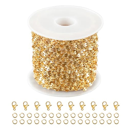 Kyutong Thin Stainless Steel Chain Roll Gold Chain for Jewelry Making | 32.8 Feet Jewelry Chain for Keychain Necklace Bracelet DIY Gold PVD Plated Stainless Chains Bulk with Jewelry Connectors - color: Gold Lip