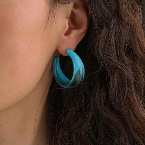 Punk Turquoise Hoop Earring Chunky Acrylic Hoop Earrings Blue Turquoise Circle Earring Acrylic Resin Hoops Earrings Wide C Shape Western Statement Jewelry for Women - color: Blue