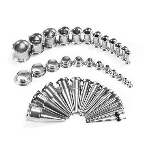 36PCS Ear Gauge Stretching Kit Stainless Steel Double Flare Alloy Tapers 3 In 1 Plugs Set Eyelet 14G-00G - color: (1.6-10mm)-Silver-Flare