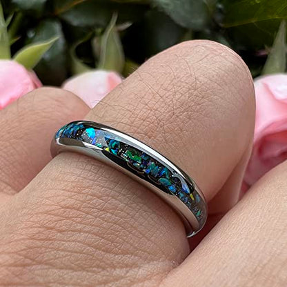 TUTISS 4mm Silver/Black Tungsten Rings for Women Men Engagement Wedding Bands Genuine Blue Green Galaxy Opal Inlay Domed Polished Comfort Fit - color: 4mm Tungsten Galaxy Opal