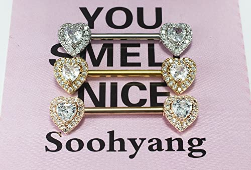 HQLA 14G Dainty CZ Love Heart Nipple Rings Tongue Ring Surgical Steel Nipple rings Piercing Women Barbells 2Pcs 25/8"(16mm) - style: Gold Tone