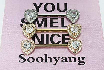 HQLA 14G Dainty CZ Love Heart Nipple Rings Tongue Ring Surgical Steel Nipple rings Piercing Women Barbells 2Pcs 25/8"(16mm) - style: Gold Tone