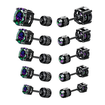 5 Pairs Screw Back Stud Earrings Set, Cubic Zirconia Stud Earring for Women Men Hypoallergenic 316L Surgical Stainless Steel Round Cut CZ 3-7mm - color: Black-Rainbow