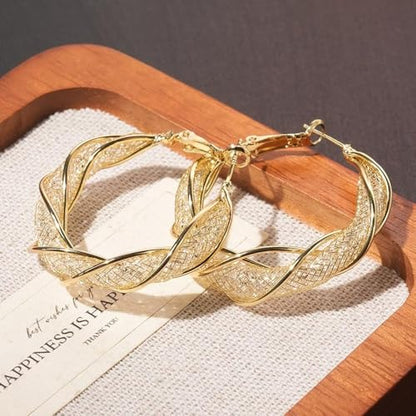 Luxury 14K Gold Plated Brass Hoop Earrings for Women, 3D Metal Mesh with Sparkling Diamonds, Lightweight Twisted Circle Design (33mm), Stylish Daily Jewelry