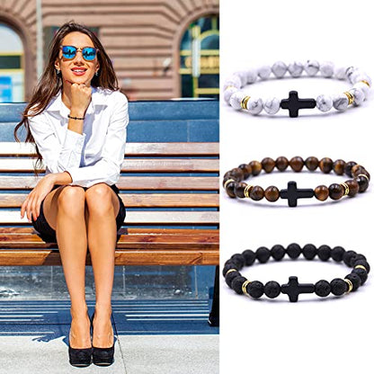 Beaded Bracelets Cross Bracelet for Women Men Lava Rock Turquoise Tiger Eye Natural Bracelet Anxiety Healing - color: 3Pcs-black cross