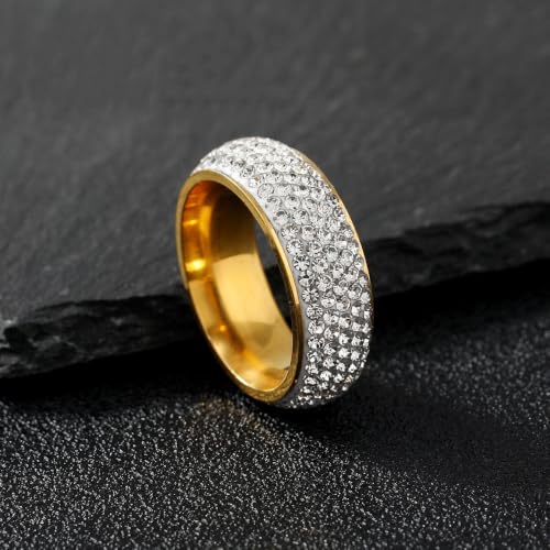 Exquisite Sparkling Five Row Zircon Stainless Steel Engagement Wedding Ring | Colorfast Couple Rings, Sparkly Party Jewelry, Light Luxury Gift Rings, Wide Band Paved Diamond Women's Ring, Wedding Commemo - color: gold-2, size: 11