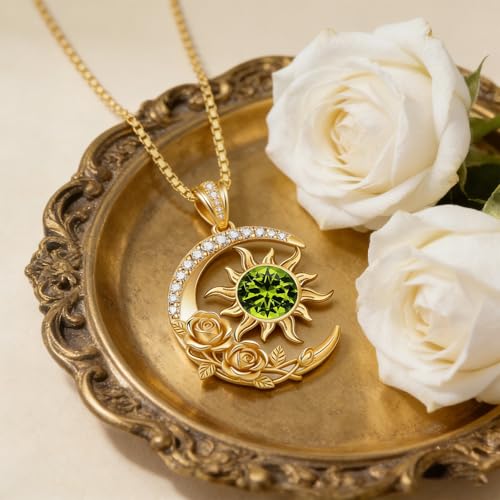 Midari 18K Yellow Gold Sun Moon Star Pendant Rose Flower Necklaces I Love You Forever Sun Moon Jewelry Gift for Mother Women - color: 08-Aug-Peridot, style: Sun&Moon