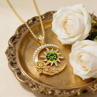 Midari 18K Yellow Gold Sun Moon Star Pendant Rose Flower Necklaces I Love You Forever Sun Moon Jewelry Gift for Mother Women - color: 08-Aug-Peridot, style: Sun&Moon
