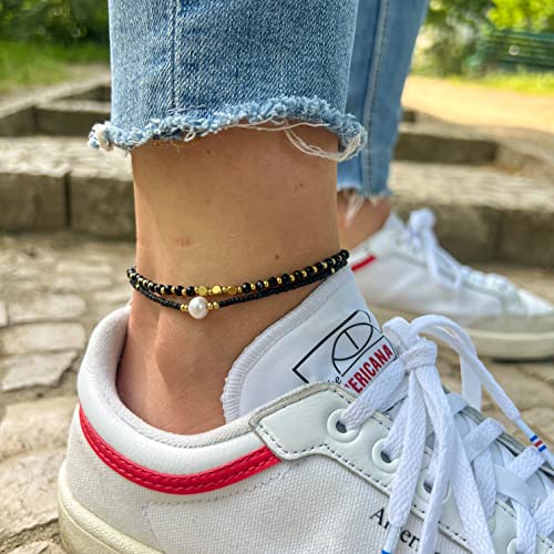 Made by Nami Boho Surfer Anklet Waterproof & Adjustable Beaded Anklets for Women Beachy Ankle Bracelet Made from Waxed Cotton Rope and Beads for Summer and Hippie Style - color: Black Pearl