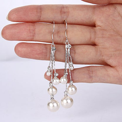 EleQueen Women's Silver-tone Crystal Simulated Pearl 4 Chain Bridal Long Dangle Hook Earrings Ivory Color - color: A-Silver-tone