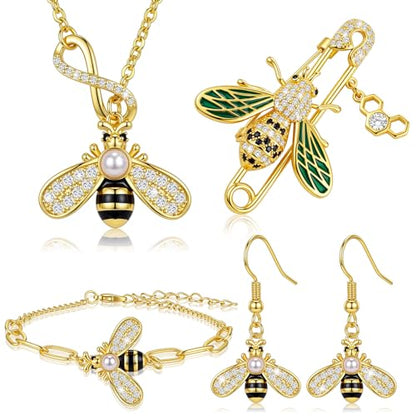 Sureio 4 Pcs Bee Jewelry Gift Set for Women, Yellow Gold Crystal Copper Bee Earrings, Bracelet, Necklace and Brooch Pin for Animal Jewelry Accessory Gift for Women
