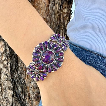 Southwest Style Genuine Gemstones 925 Sterling Silver Cluster Bracelet - color: Purple Turquoise
