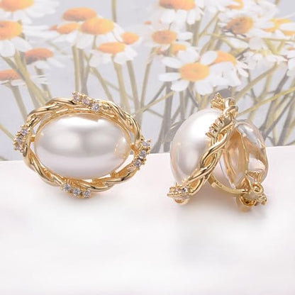 Yoursfs Faux Pearl Clip On Earrings For Women 18K Gold Plated Button Ear Clips - style: Large White Pearl Clip on Earrings