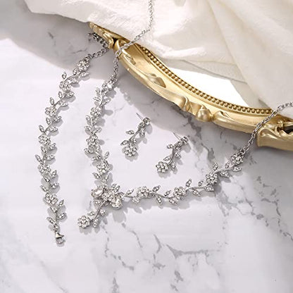Women's Wedding Jewelry Set for Bride,Prom Bridal Accessories | Bling Crystal,Flower Leaf Cluster,Dangle Earrings Pendant Necklace Set,for Bridesmaid,Party Jewellery - color: 3Pcs-Clear Silver-Tone