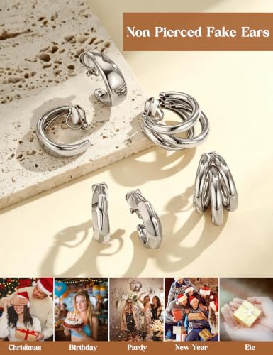 Giovanchi 3Pairs Clip on Earrings for Women with Non-Pierced Ears - Trendy Hypoallergenic 14K Gold Plated Chunky Tube Croissant Waterdrop Clip on Hoop Earrings - style: C-Silver