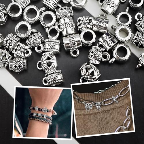YETOOME 100 Pcs Antique Tibetan Silver Bail Beads, Loose Spacer Bead, Bead Hanger Charm for Jewelry Making DIY Necklace Bracelet, 10 Styles